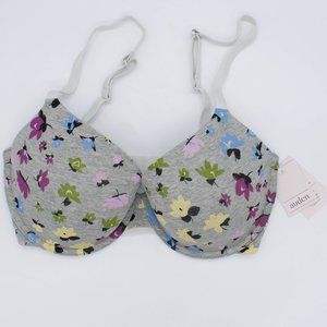 Auden Floral Print Gray Everyday Cotton Demi Lightly Lined T-Shirt Bra